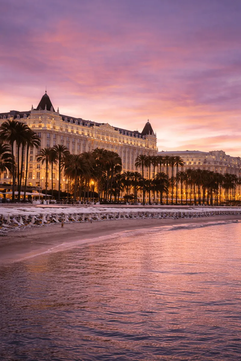 Cannes at sunset: the Croisette beach and grand hotel facade