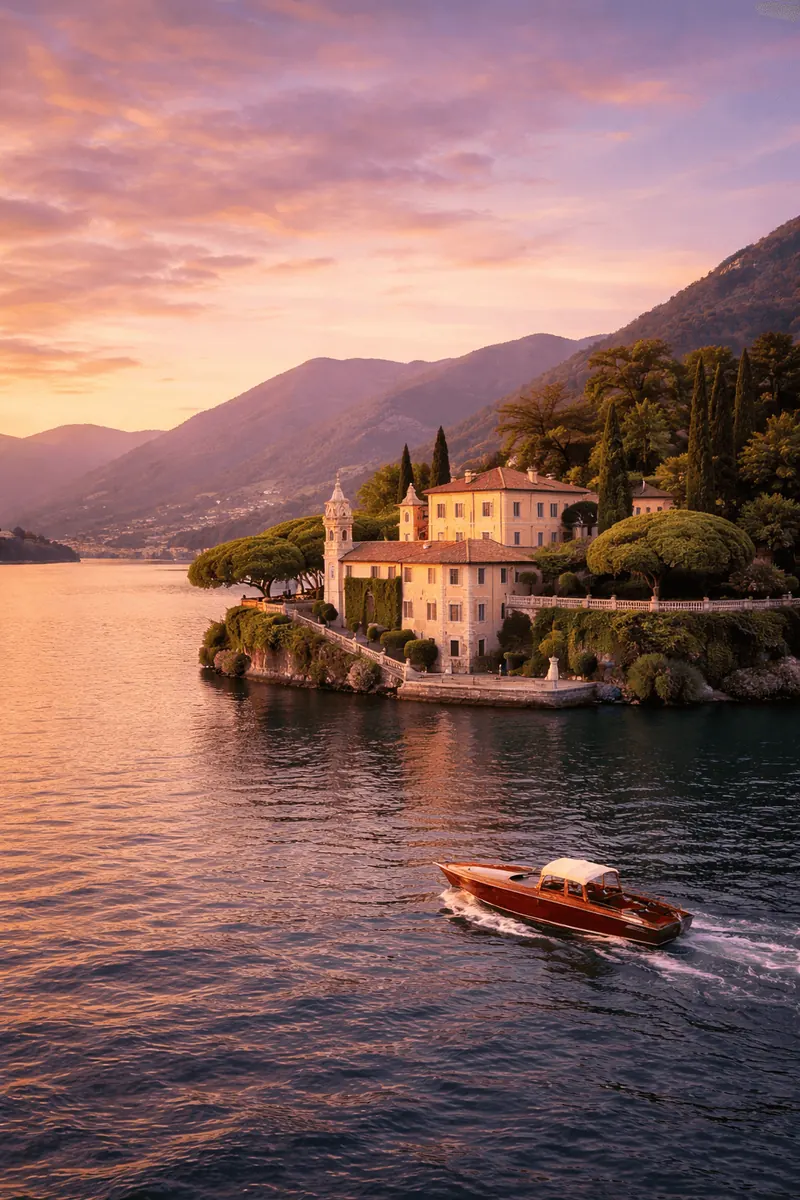 Lake Como at sunset: lakeside villa and a vintage wooden boat