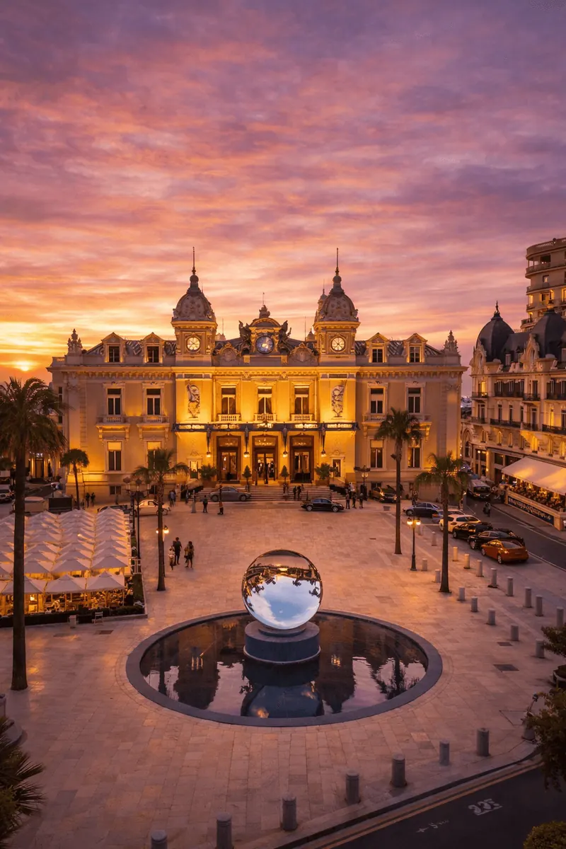 Monaco at dusk: Monte-Carlo Casino and fountain square