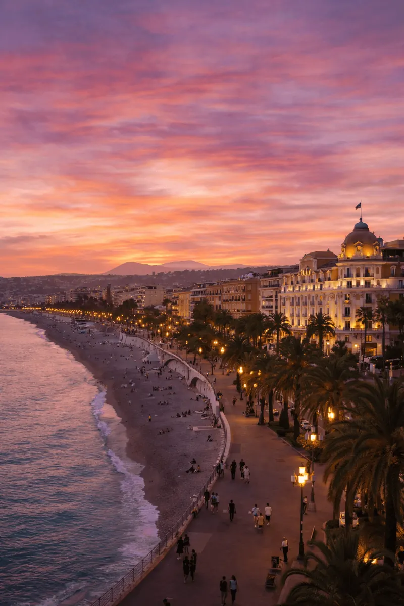 Nice at sunset: Promenade des Anglais along the Baie des Anges