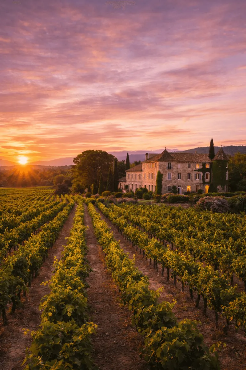 Provence vineyard at sunset with a stone villa