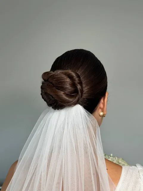 Sleek bridal bun with tulle veil, back view