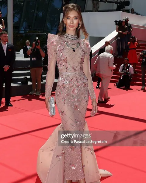 Woman in embellished pink long-sleeve gown on a red carpet with photographers